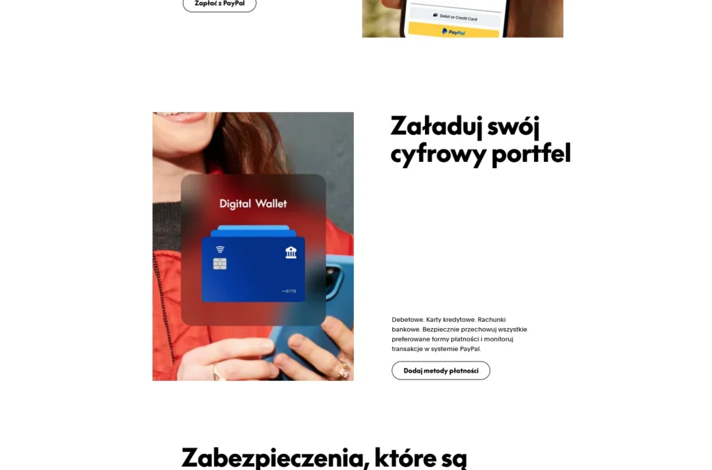 Zrzut ekranu strony PayPal z dużą ilością wolnej przestrzeni wokół tekstu i elementów graficznych