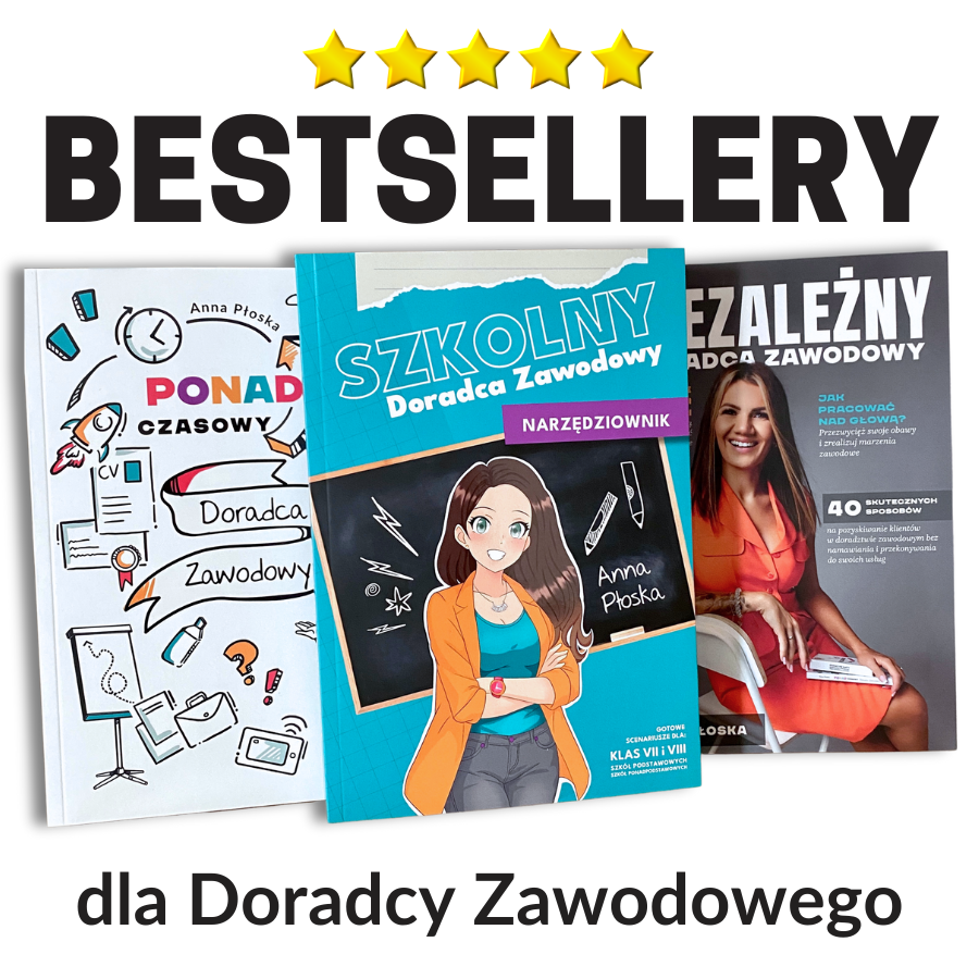 Zestaw 3 książek Ponadczasowy Doradca zawodowy + Niezależny Doradca Zawodowy + Szkolny Doradca Zawodowy - Narzędziownik + ebook karty pracy